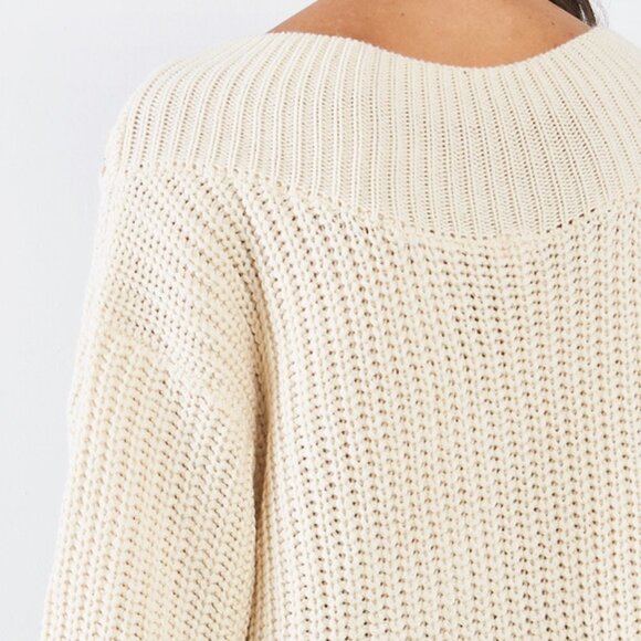 Beige Laced Up Off Shoulder V Neck Tunic Sweater - Picture 8 of 10